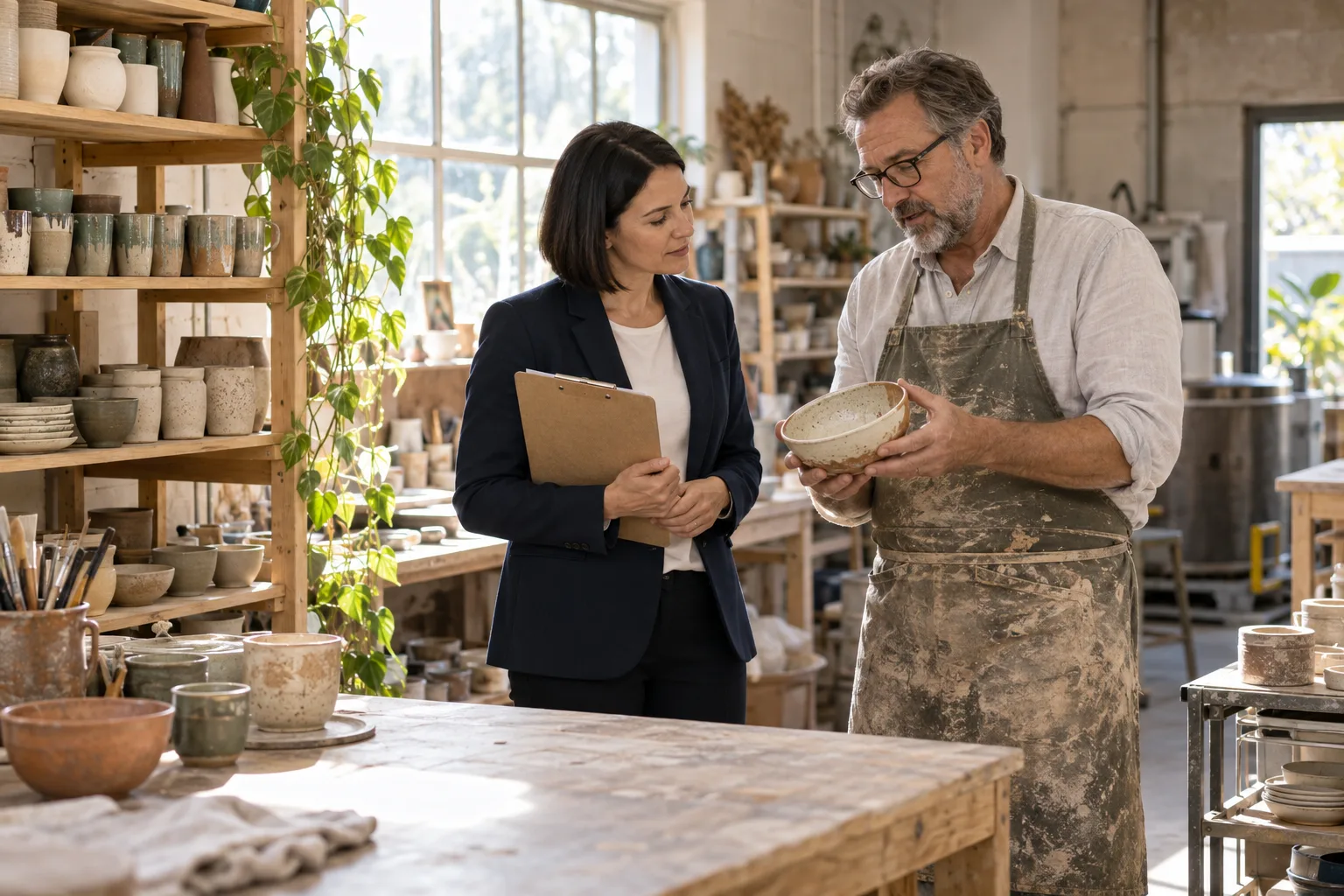 An accountant visiting a client's pottery studio